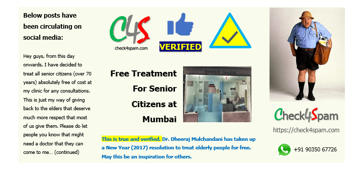 Dr. Dheeraj Mulchandani Free Treatment for Senior Citizens