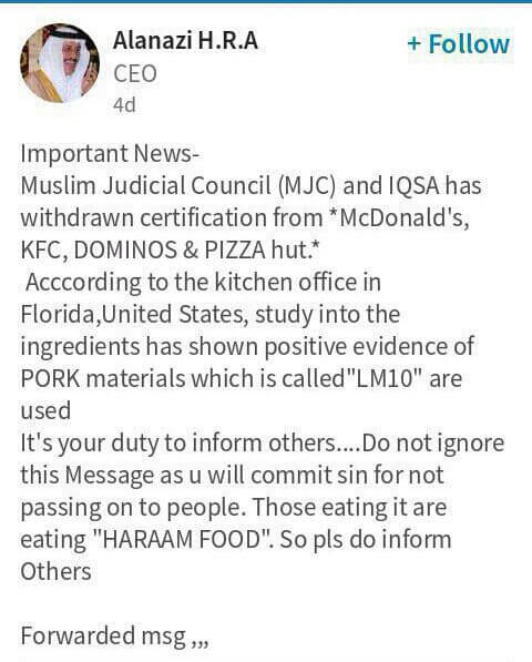 MJC IQSA Withdraws Certification of McDonalds, KFC, Dominos, Pizza Hut hoax