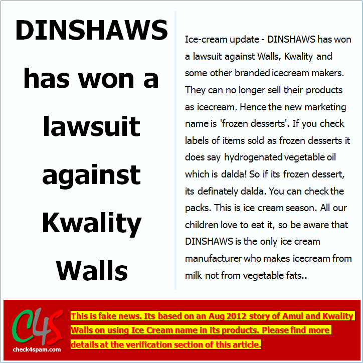 dinshaws won lawsuit against kwality walls hoax