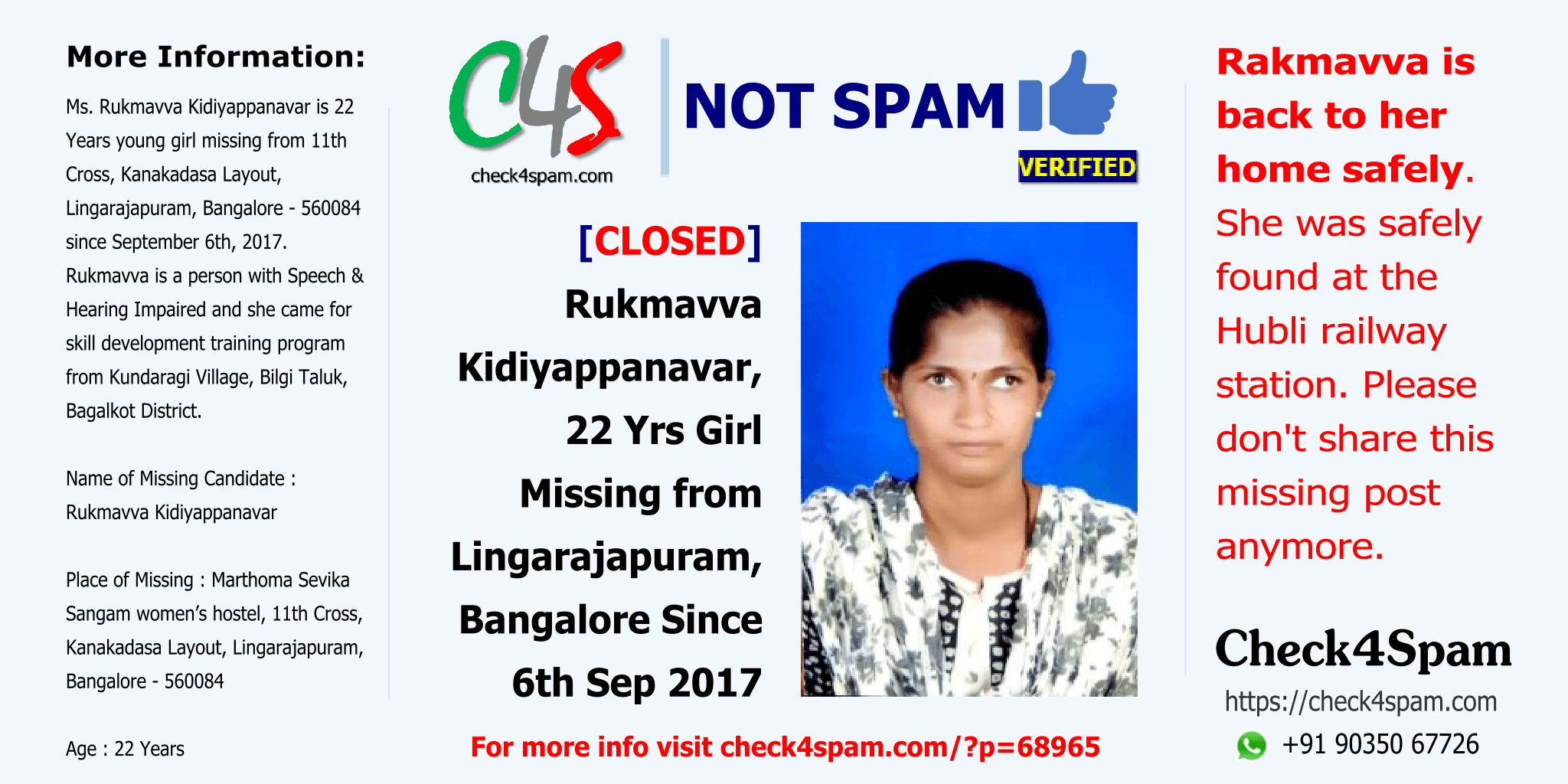 Rukmavva Kidiyappanavar Missing from Bangalore